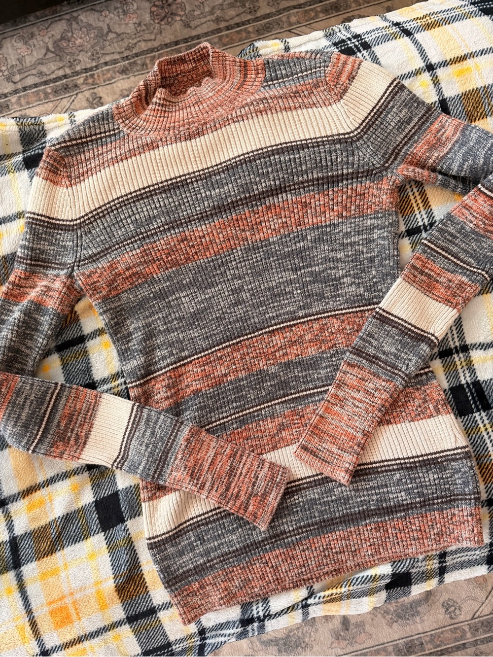 Prana Ribbed Turtleneck Sweater in Cream, Gray & Rust Color Warm and Cute